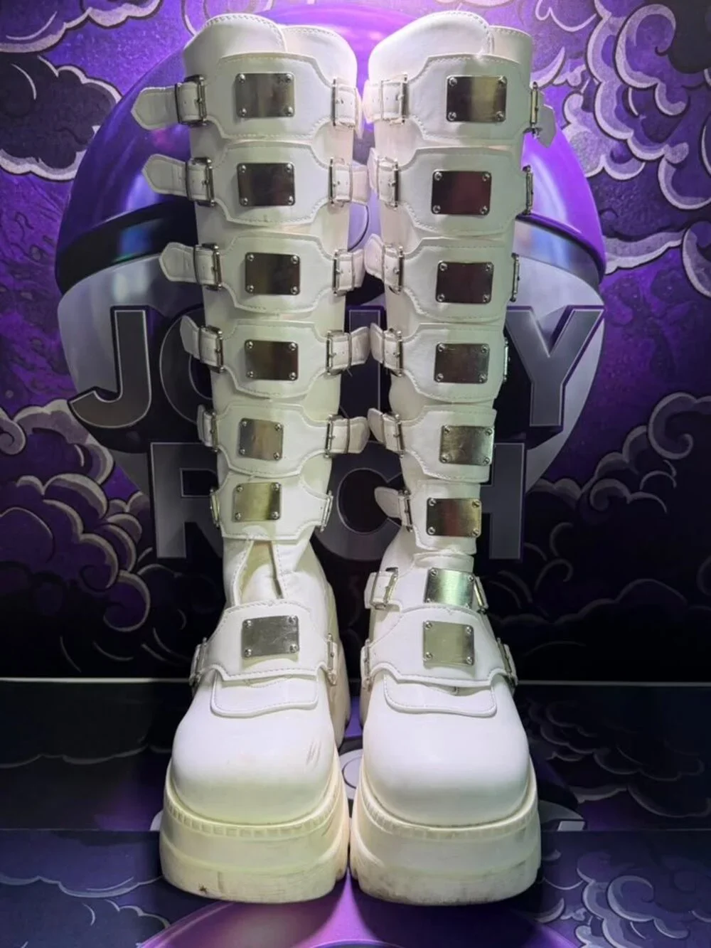 White Cyber Goth Platform Boots Buckle Strap Knee High Wedge Punk Womens Size 6